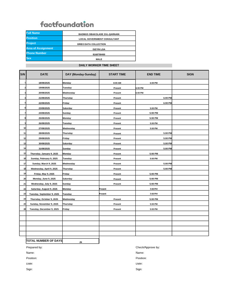 BADMUS Daily Worker Timesheet | PDF