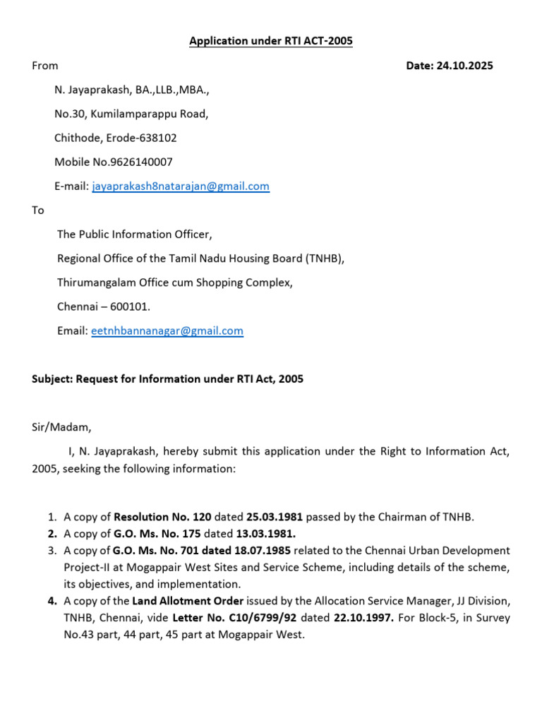 RTI Application for TNHB Documents | PDF | Receipt