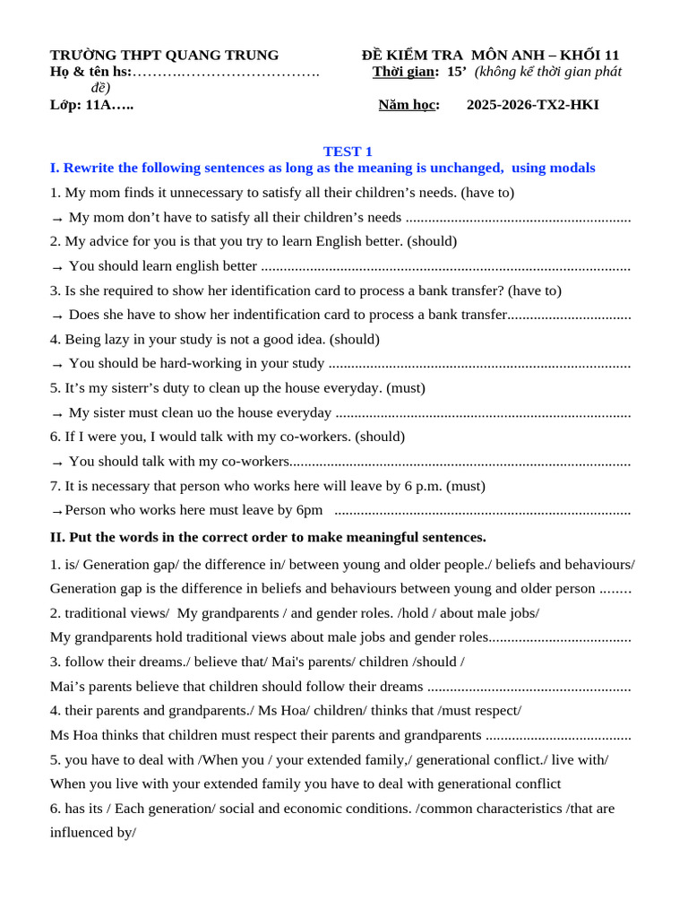 English Test for 11th Grade Students | PDF | Behavioural Sciences
