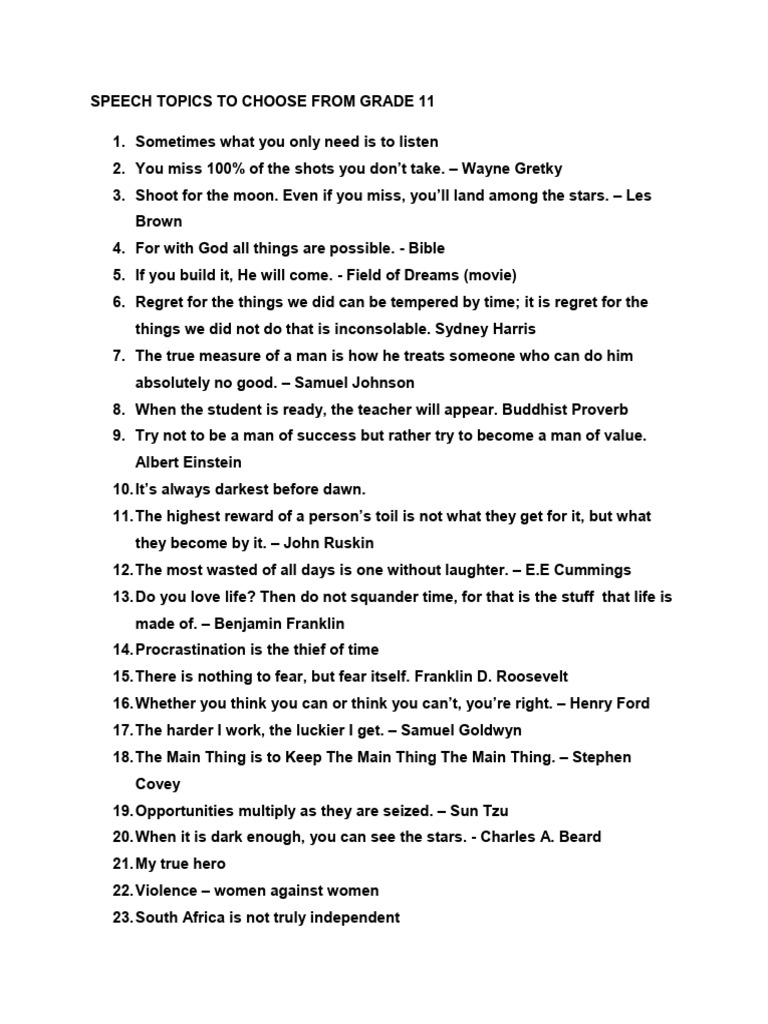 Grade 11 Speech Topic Ideas | PDF
