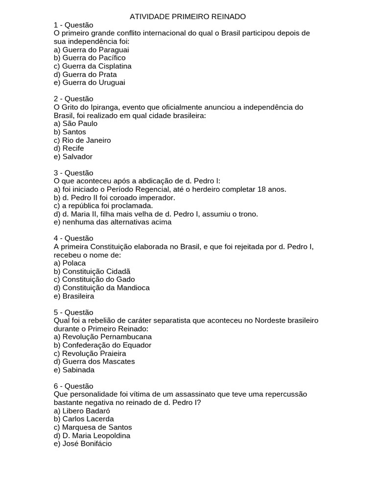Questões sobre o Primeiro Reinado no Brasil | PDF | Brasil | Governo