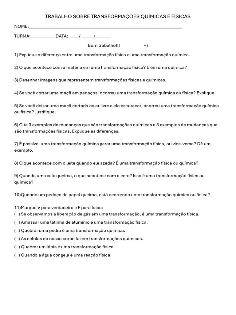 Transformações Químicas e Físicas 6º Ano | PDF