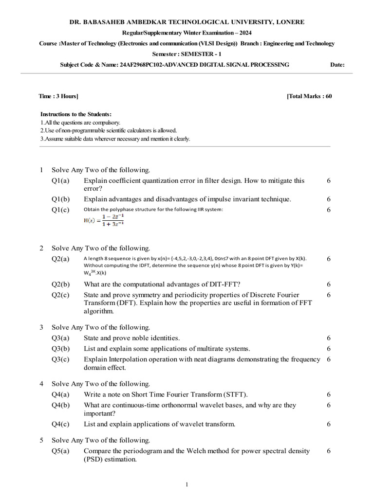 M.Tech Advanced Digital Signal Processing Exam | PDF | Spectral Density ...