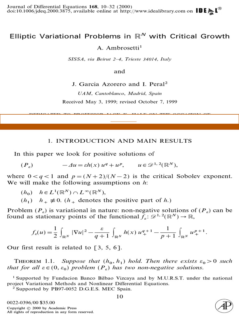 Elliptic Variational Problems in With Critical Growth | PDF | Calculus ...