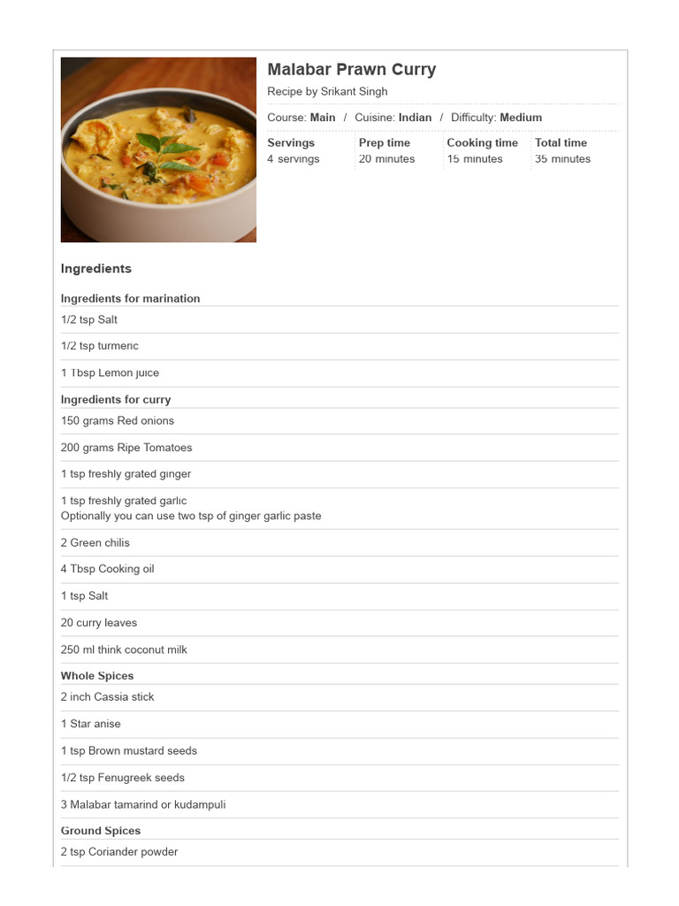 Authentic Malabar Prawn Curry Recipe | PDF | Curry | Food Ingredients