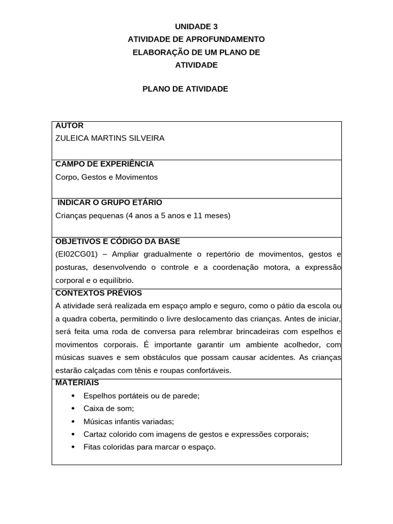 Prática de Ensino em Educação Infantil - Atividade III - Plano de ...
