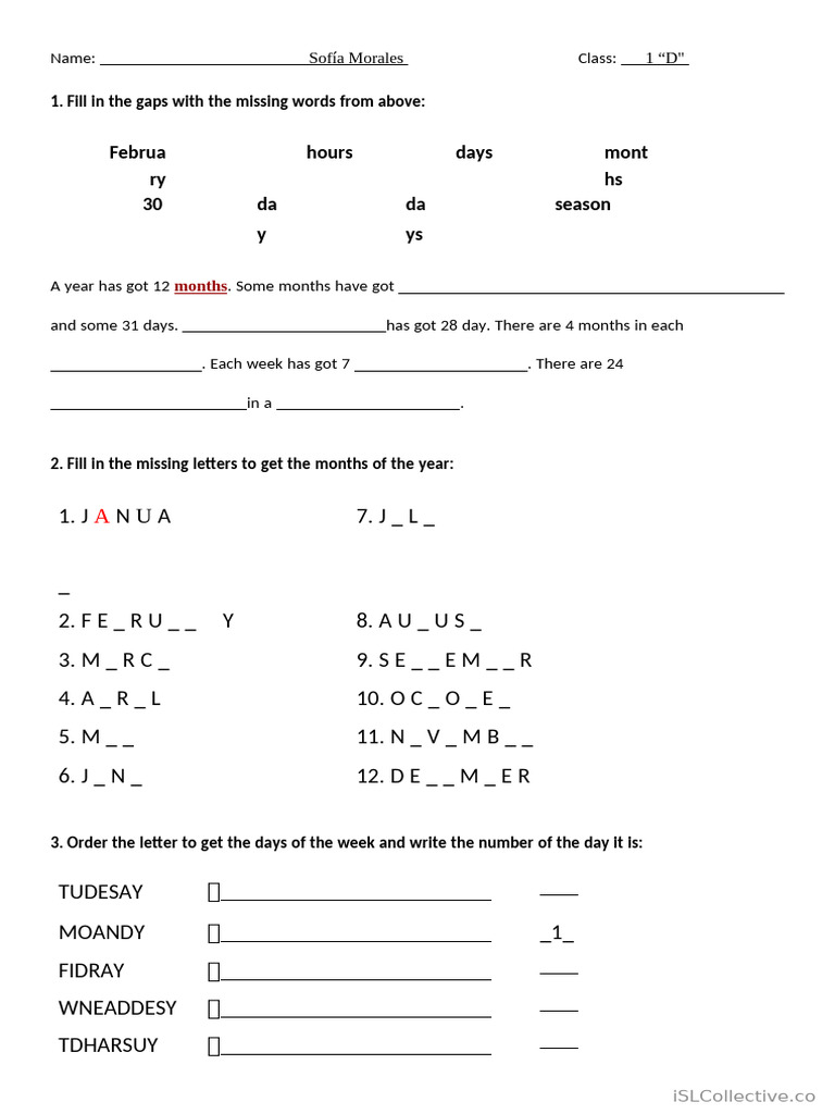 Months, Days, and Seasons Worksheet | PDF