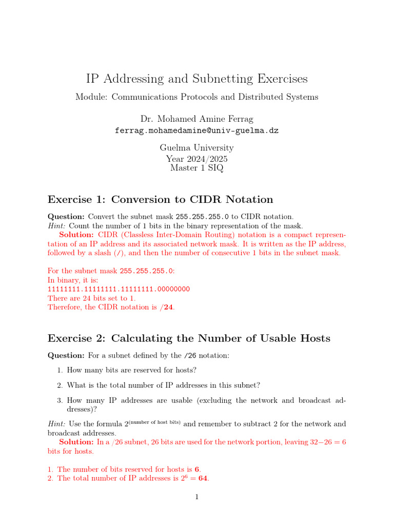 IP Addressing and Subnetting Exercises | PDF | Transmission Control ...