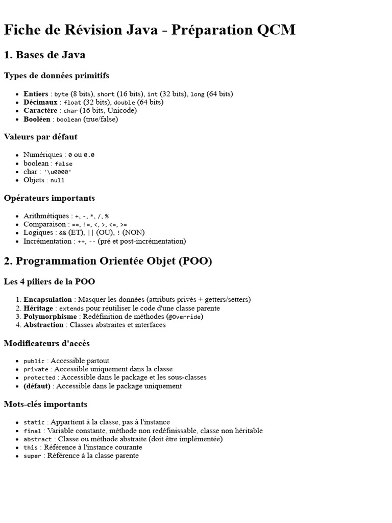 Révision Java pour QCM | PDF | Classe (informatique) | Java (Langage de ...