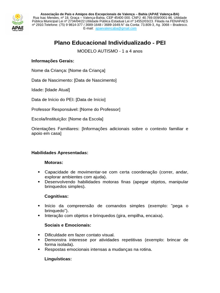 Plano Educacional Individualizado para Autismo | PDF | Comunicação ...