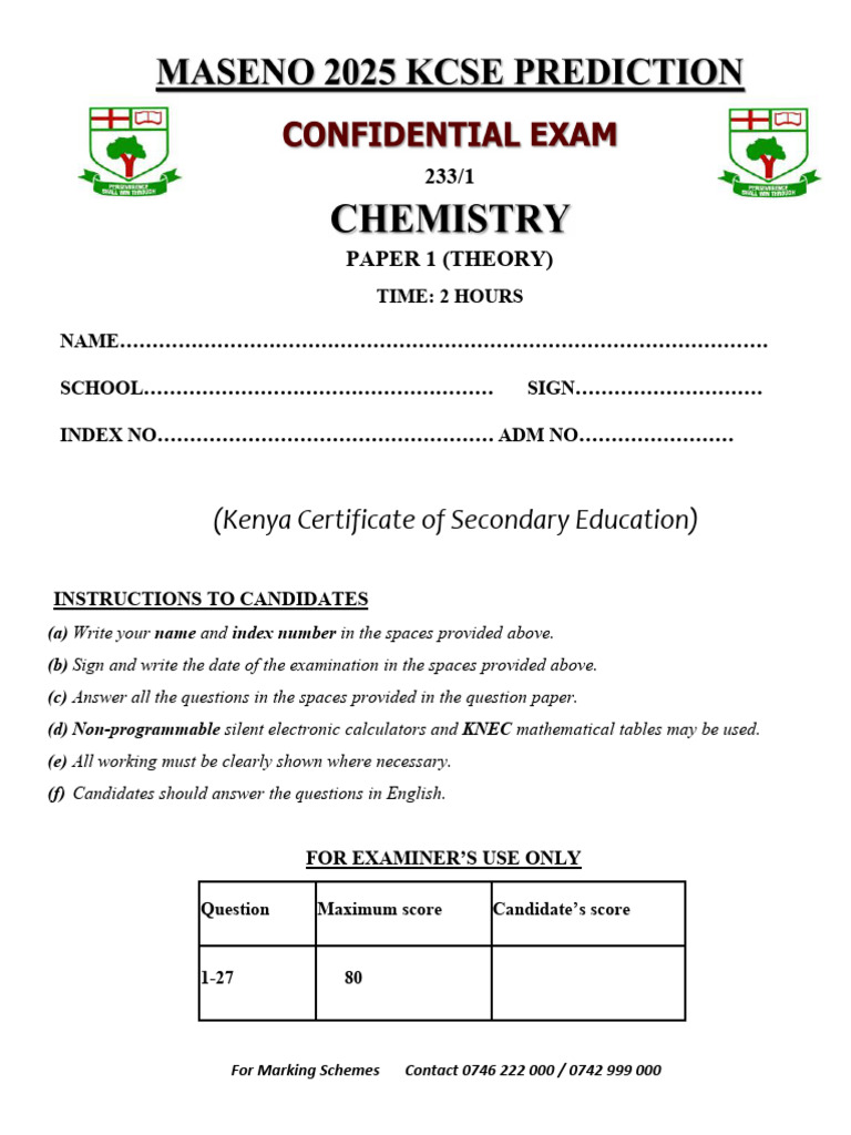 KCSE Chemistry Paper 1 Marking Scheme | PDF | Solubility | Chlorine