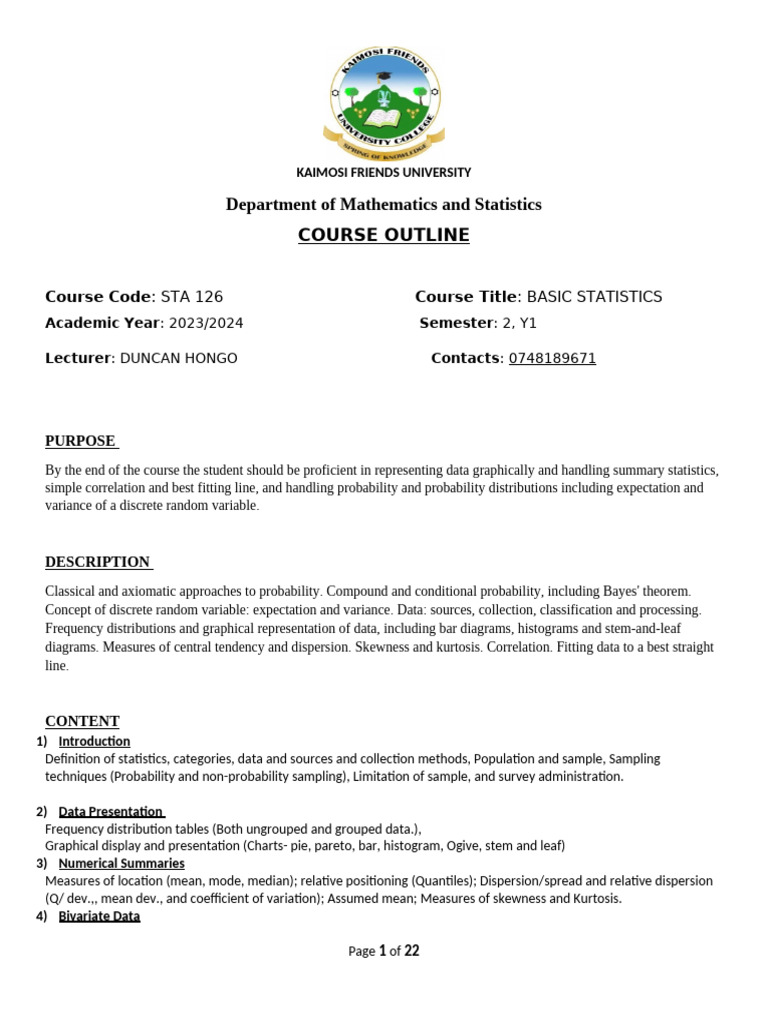 Basic Statistics Course Outline | PDF | Statistics | Biostatistics