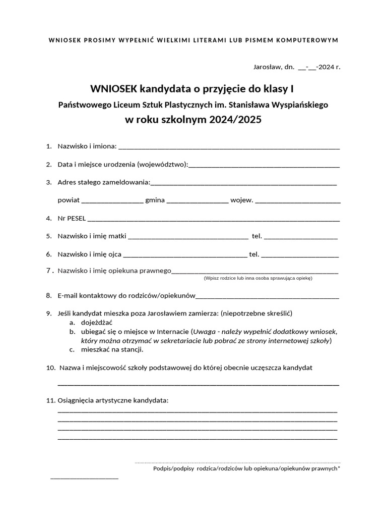 Wniosek o Przyj C4 99cie Do Klasy 1 PLSP 2024 | PDF