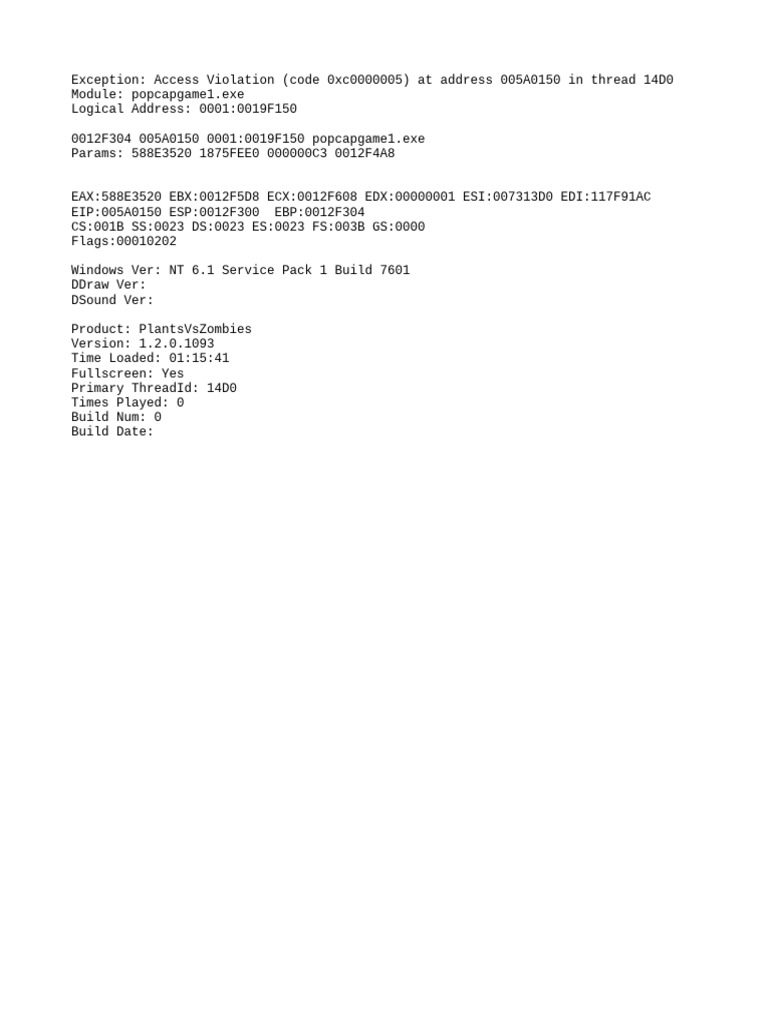 Access Violation Error in PlantsVsZombies | PDF