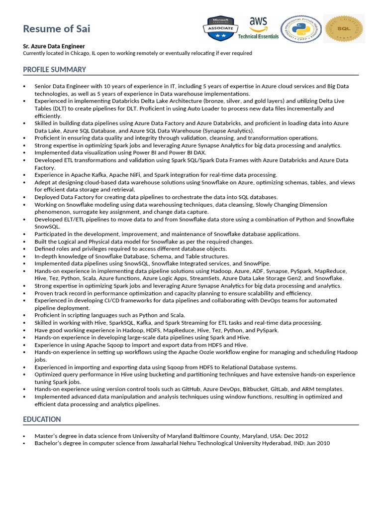 Senior Azure Data Engineer Resume | PDF | Apache Spark | Apache Hadoop