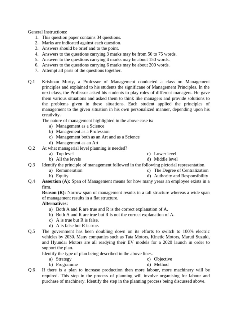 Management Principles Question Paper | PDF | Reason | Motivation