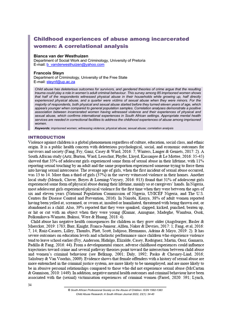 Childhood Experiences of Abuse Among Incarcerated Women A Correlational ...