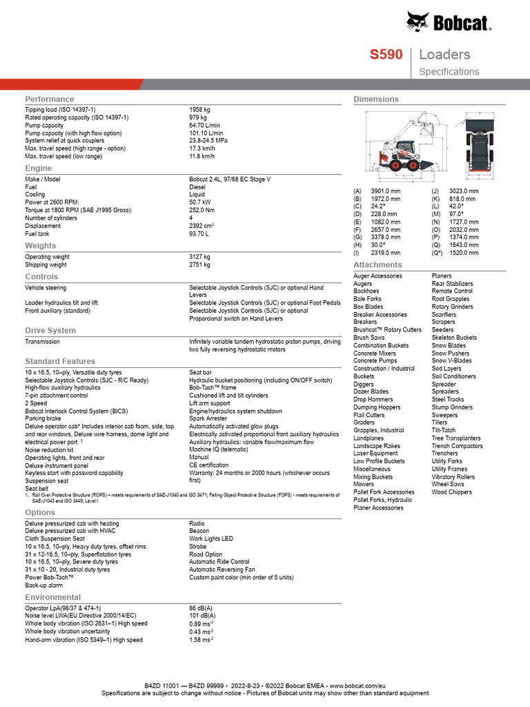Bobcat S590 Loader Specifications | PDF | Loader (Equipment) | Vehicles