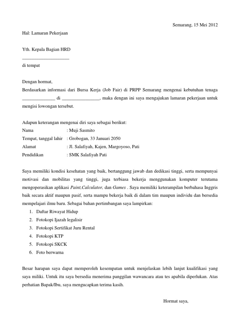 Contoh Surat Lamaran Kerja Job Fair Smk