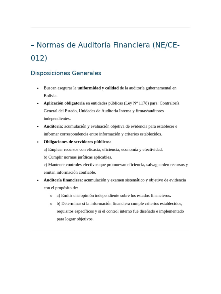 Normas de Auditoría Financiera en Bolivia | PDF | Auditoría | Contralor