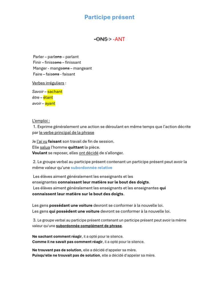 Guide du participe présent en français | PDF | Verbe | Phrase