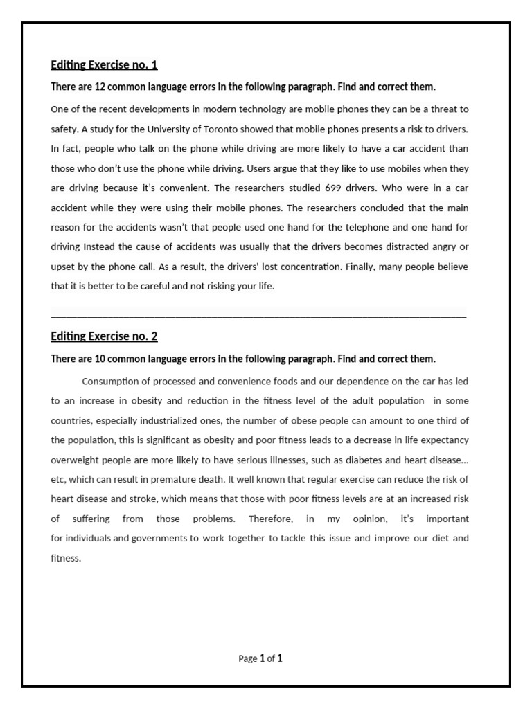 Common Language Errors Editing Exercise | PDF