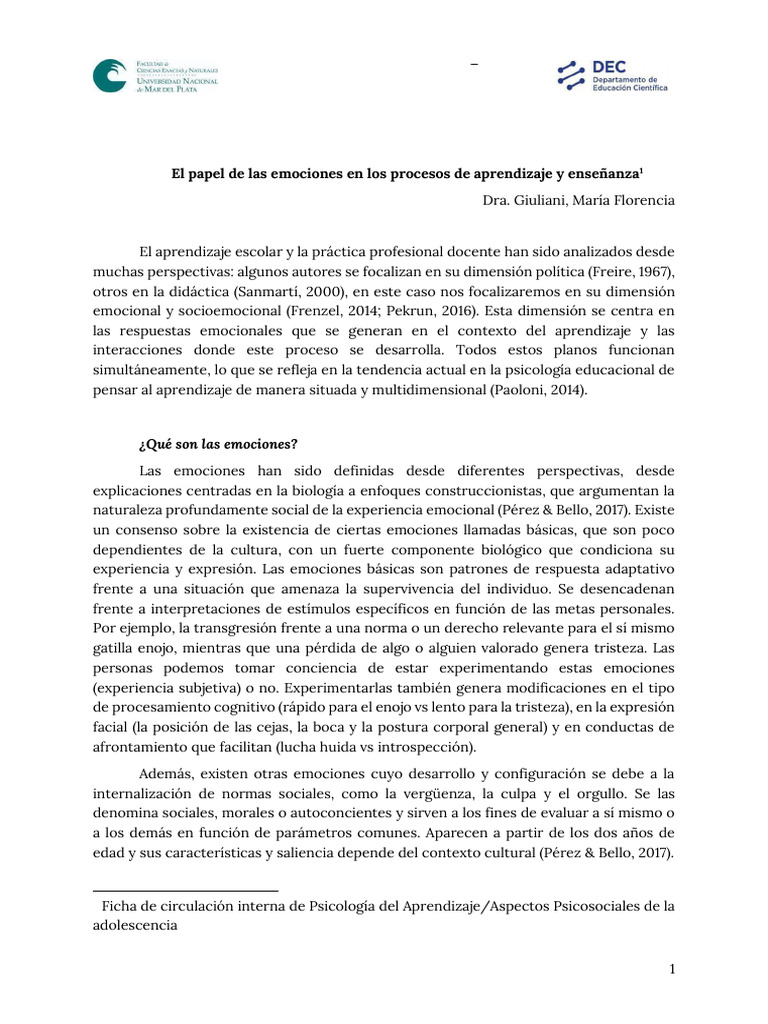 Emociones en el Aprendizaje Adolescente | PDF | Las emociones | Aprendizaje