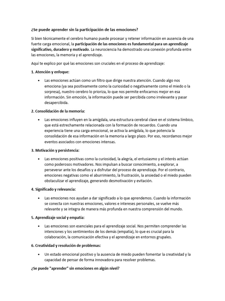 Emociones y su impacto en el aprendizaje | PDF | Las emociones ...