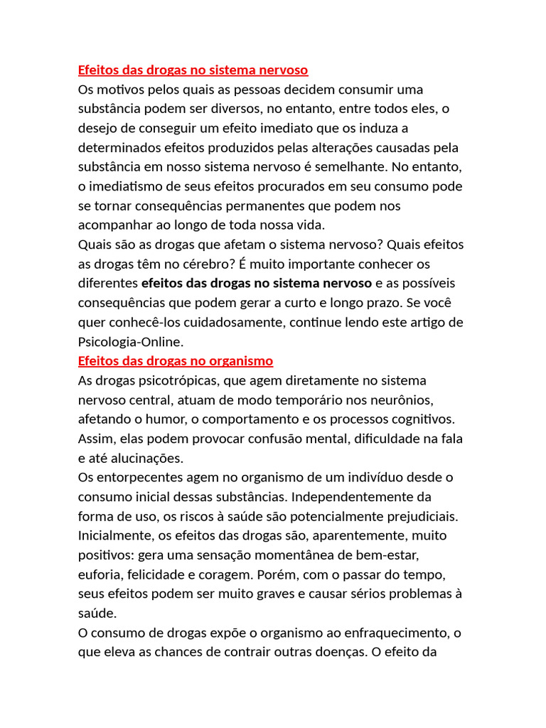 Efeitos das Drogas no Sistema Nervoso | PDF | Drogas | Drogas psicoativas