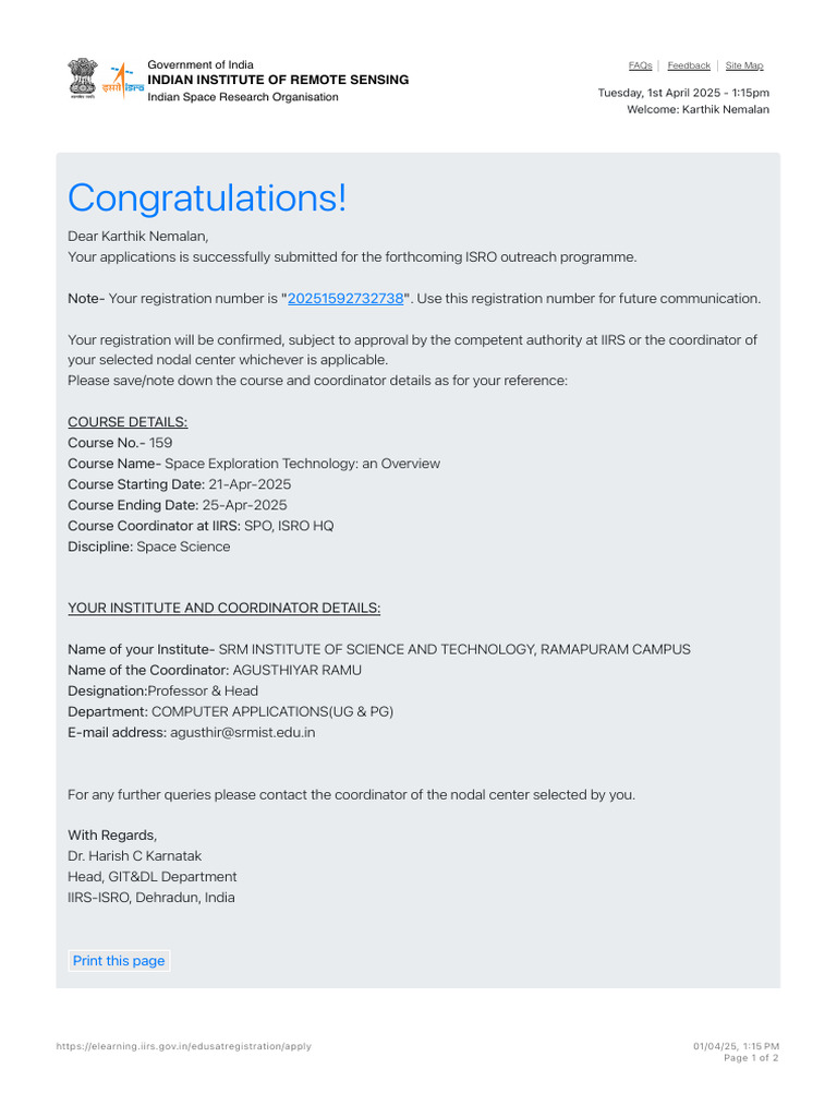 ISRO Edusat Course Registration Confirmation | PDF