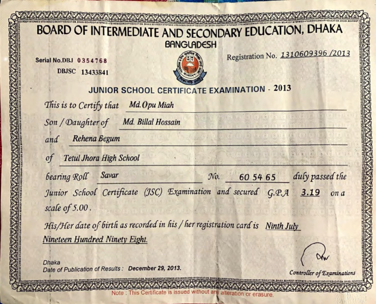JSC Certificate | PDF