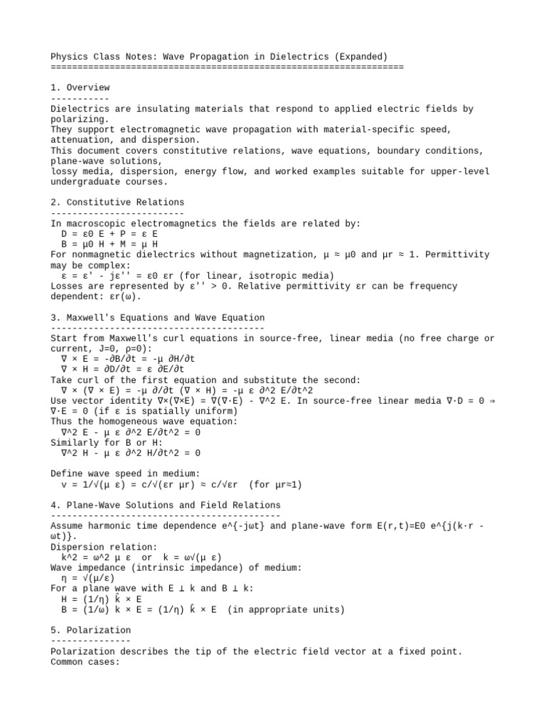 Wave Propagation in Dielectrics Notes | PDF | Polarization (Waves) | Waves