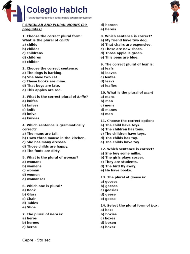 Plural Noun Selection Exercises | PDF | Plural | Grammatical Number