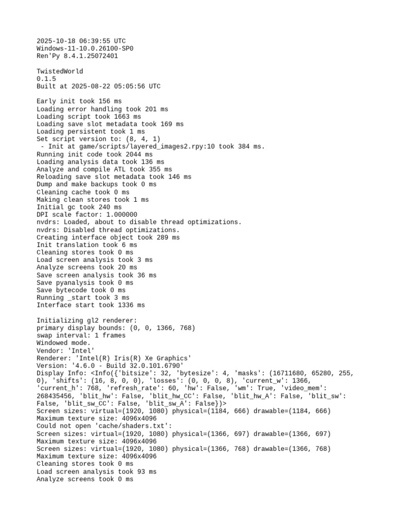 Ren'Py 8.4.1 TwistedWorld Log Analysis | PDF