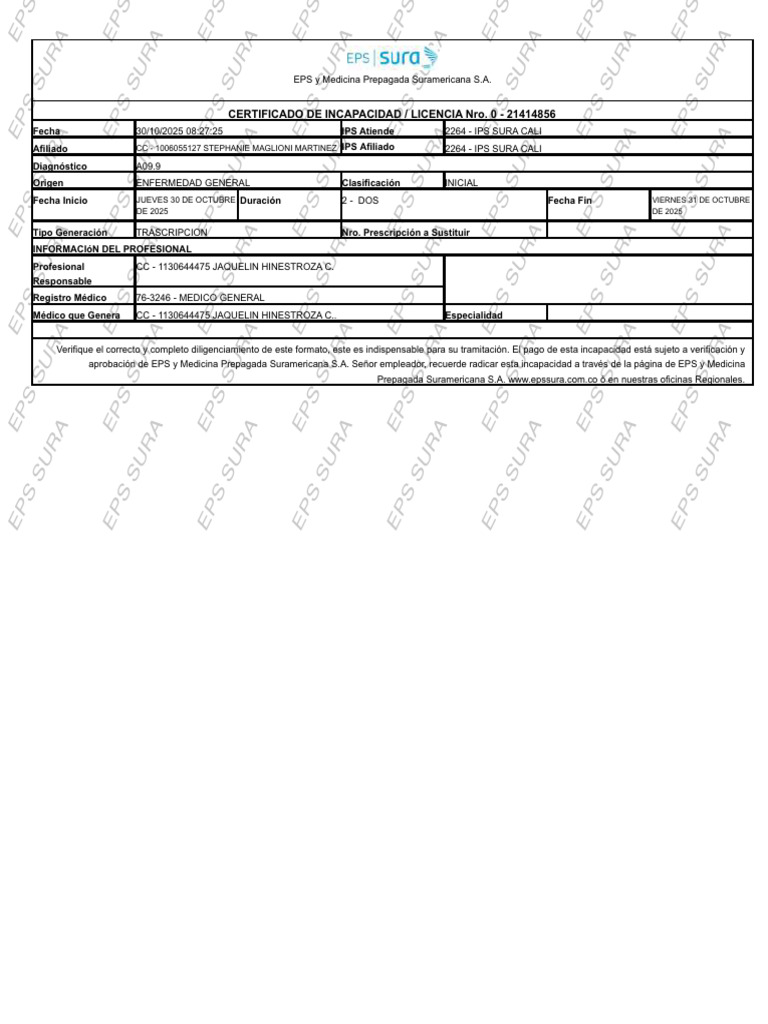 Certificado de Incapacidad EPS SURA | PDF | Cuidado de la salud | Medicina