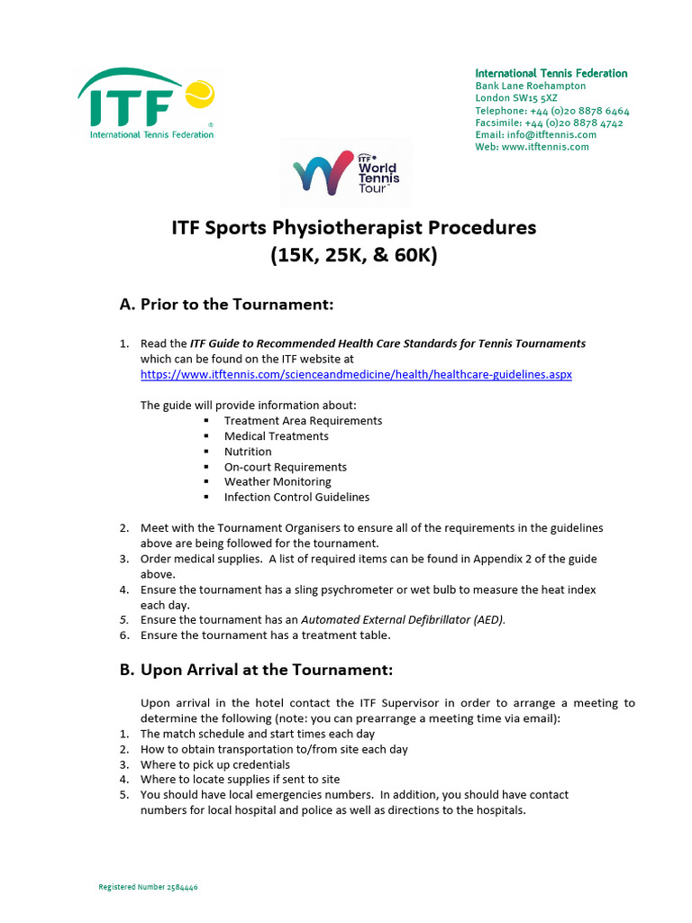 Itf Sports Physiotherapist Guidelines 60k and Below | PDF