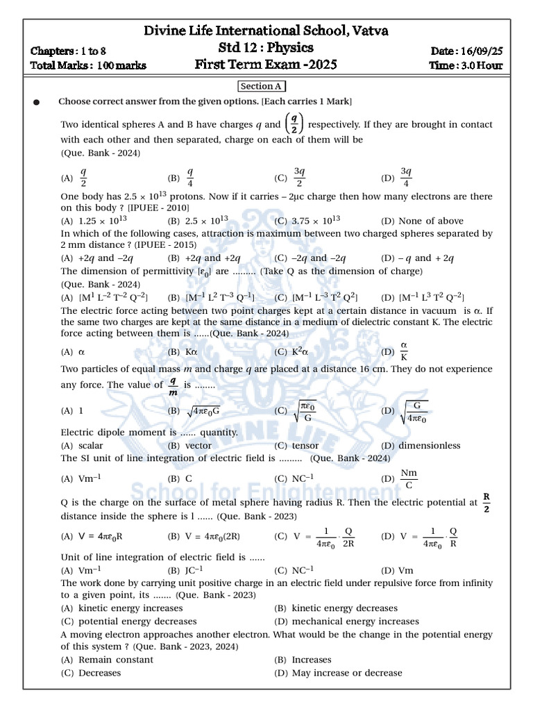 Physics Exam Paper for Std 12 - 2025 | PDF | Force | Physics