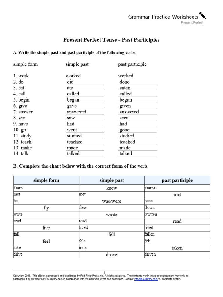 Present Perfect Tense Worksheets | PDF | Perfect (Grammar) | Language ...
