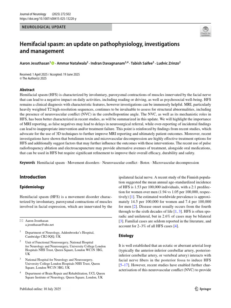 Hemifacial Spasm An Update On Pathophysiology Inve PDF