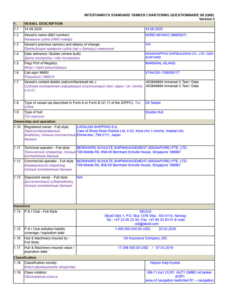 Intertanko'S Standard Tanker Chartering Questionnaire 88 (Q88) 1 ...