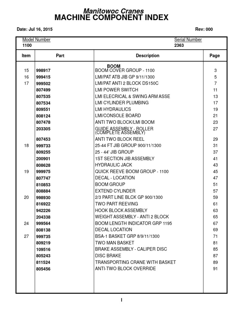 Manitowoc 1100 Crane Parts Index | PDF | Crane (Machine) | Screw