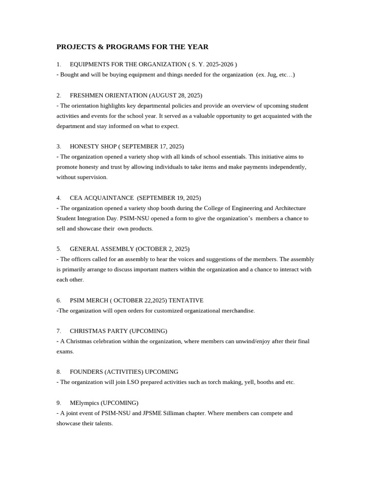 2025-2026 Organization Events Overview | PDF