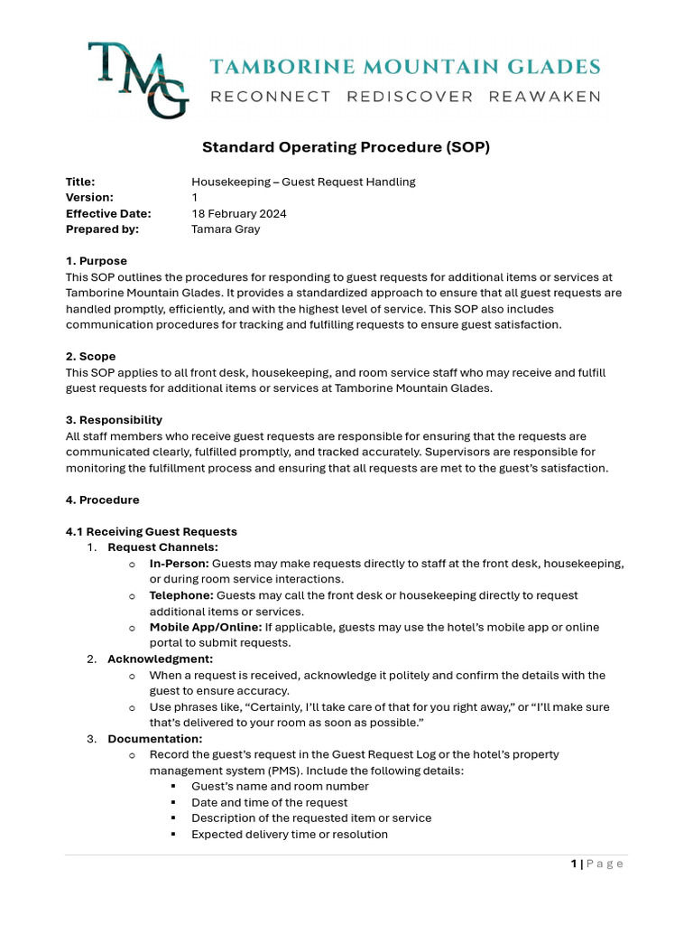 Guest Request Handling SOP | PDF