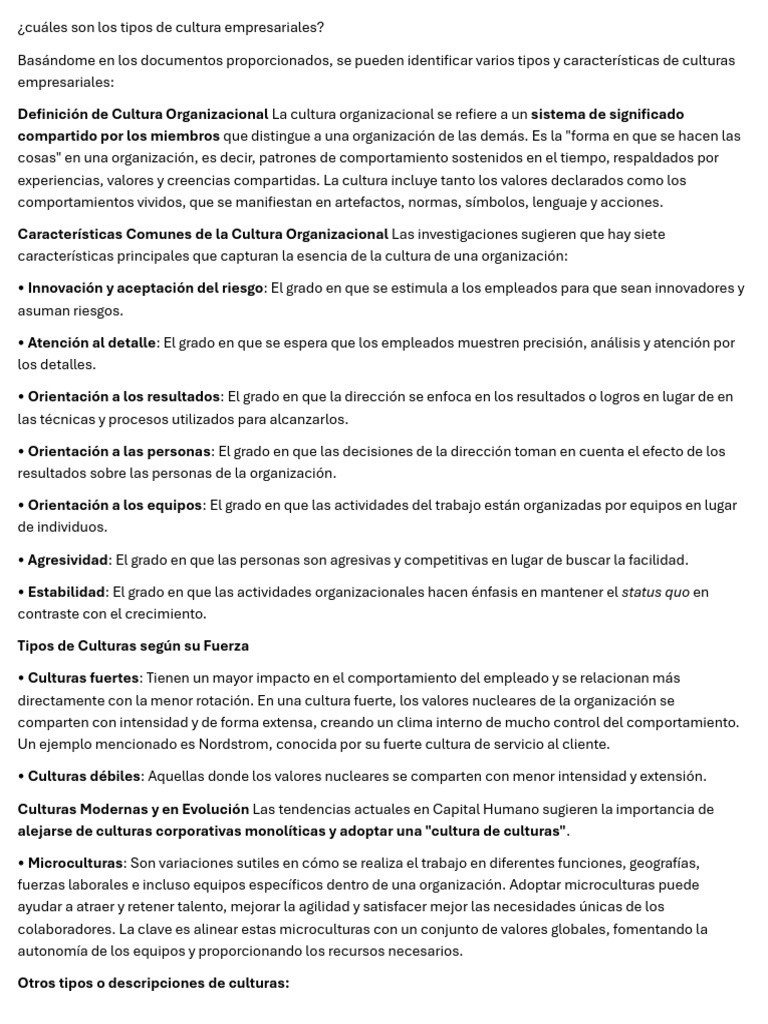 Tipos de Cultura Empresarial Explicados | PDF | Cultura organizacional ...