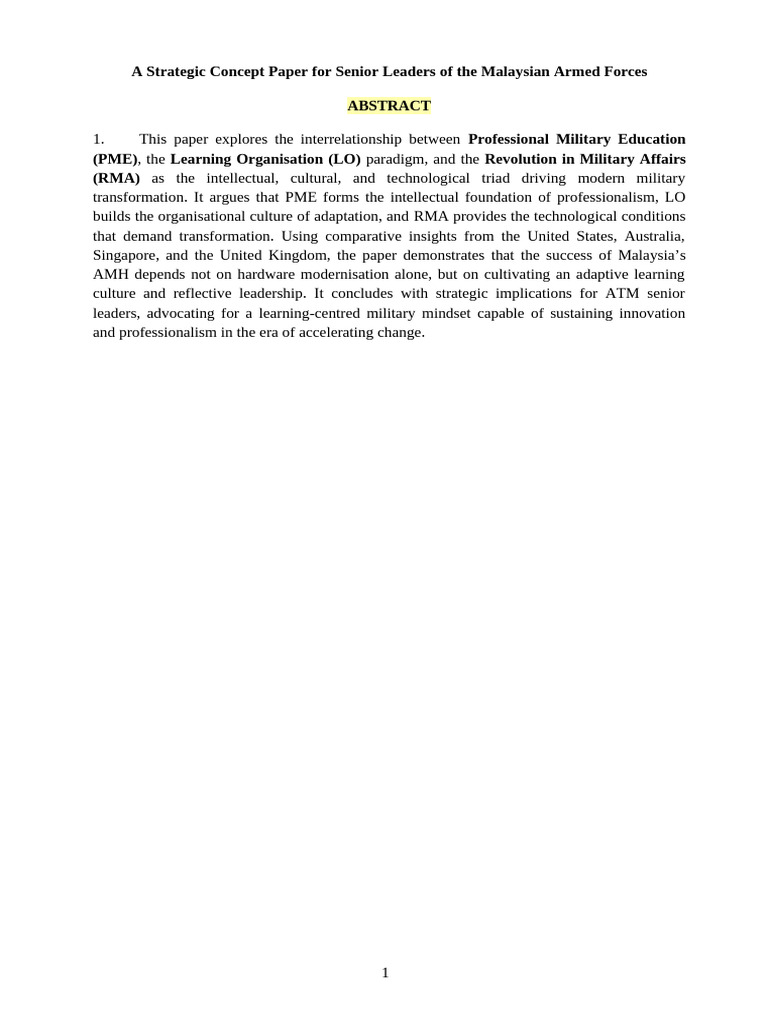 A Strategic Concept Paper For Senior Leaders of The Malaysian Armed ...