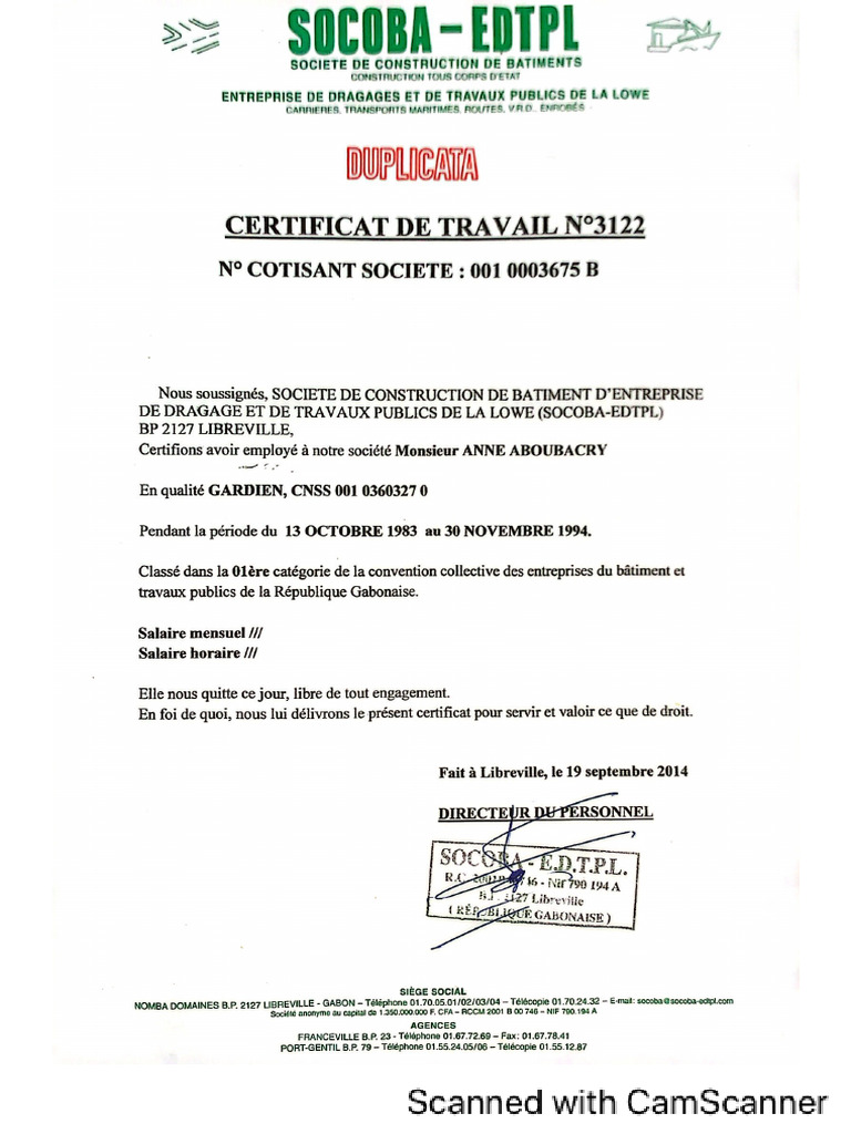 Certificat de Travail Socoba | PDF