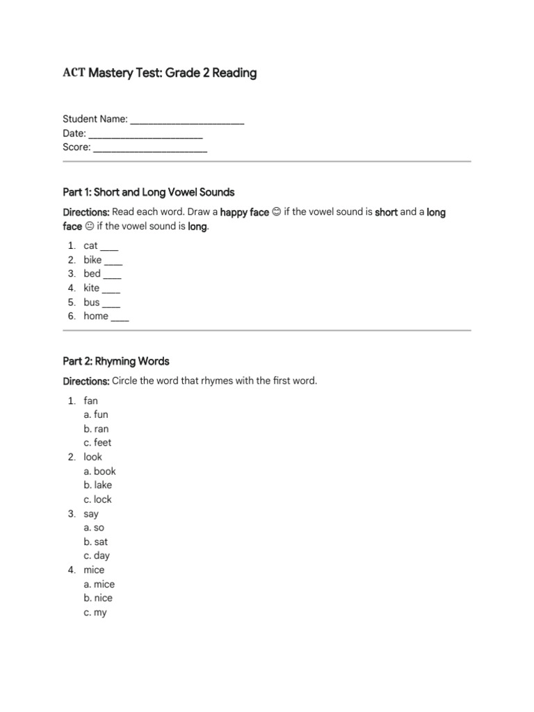 Grade 2 Reading Mastery Test | PDF
