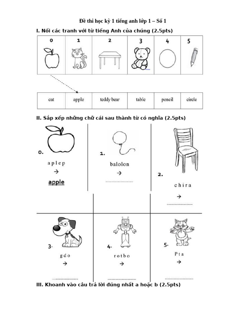 Bo de Thi Hoc Ki 1 Mon Tieng Anh Lop 1 | PDF