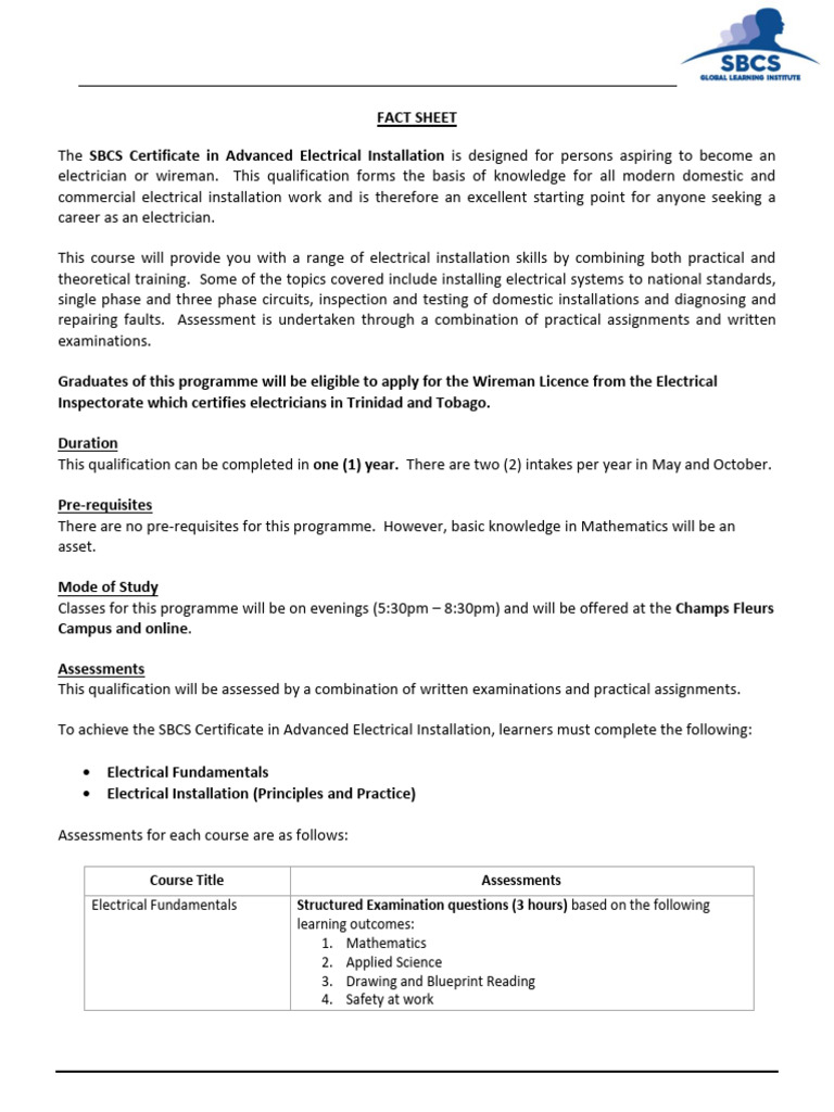 SBCS Advanced Electrical Installation Course | PDF | Fee | Electrician