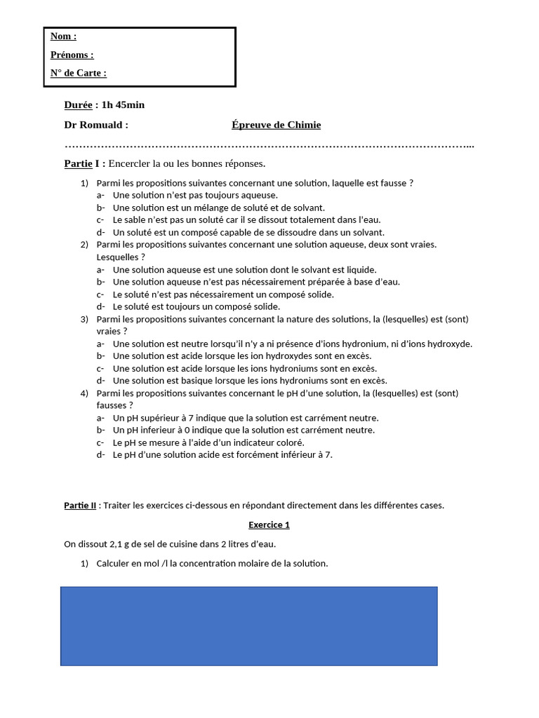 Épreuve de Chimie : Solutions et pH | PDF | Ph | Acide